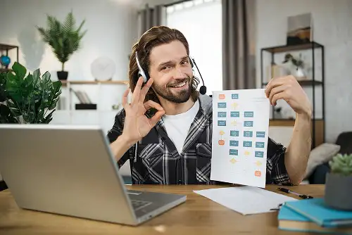 Executive reviewing schedule with assistant